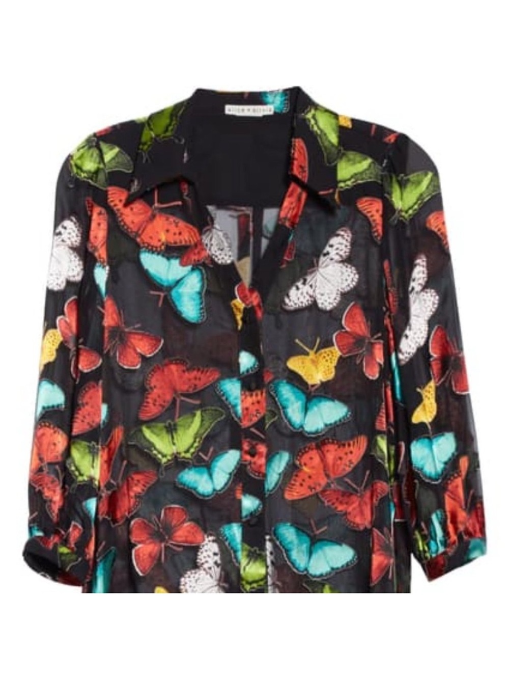 Alice + Olivia Black Butterfly Print Silk-Feel Blouse